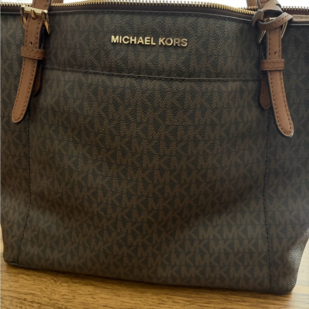 Michael Kors Brown Logo-Print Tote with Gold Hardware